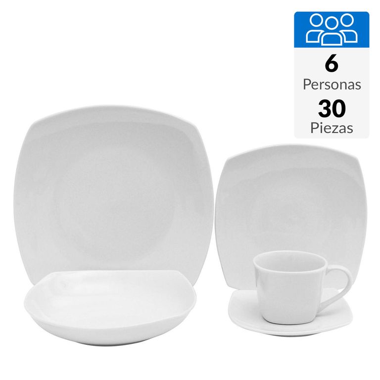 Juego Loza 30 Piezas Porcelana Cuadrada Blanca